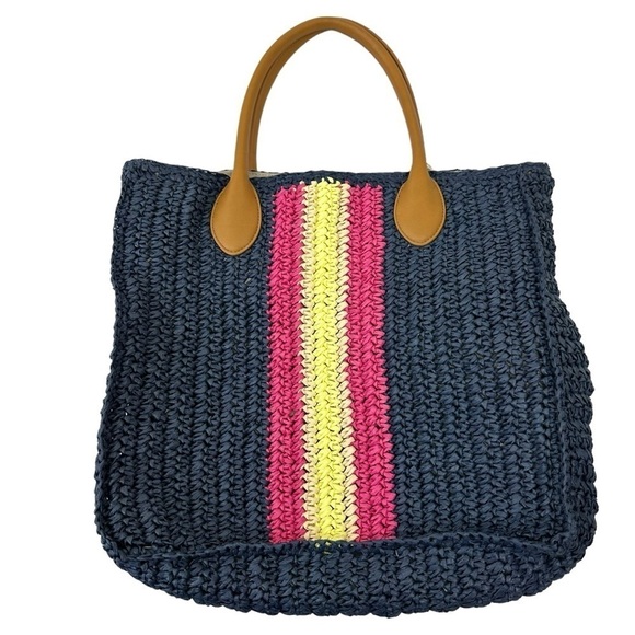 Talbots Navy Stripe Straw Raffia Summer Tote Bag - Picture 2 of 7